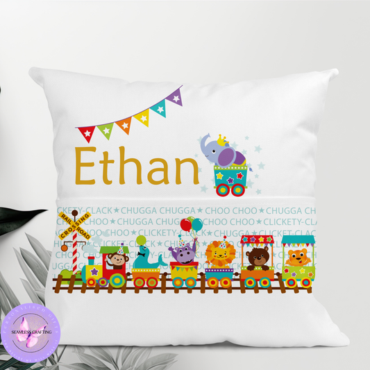 Personalised animal train reading cushion with name and book pocket, safari kids pillow 40cm