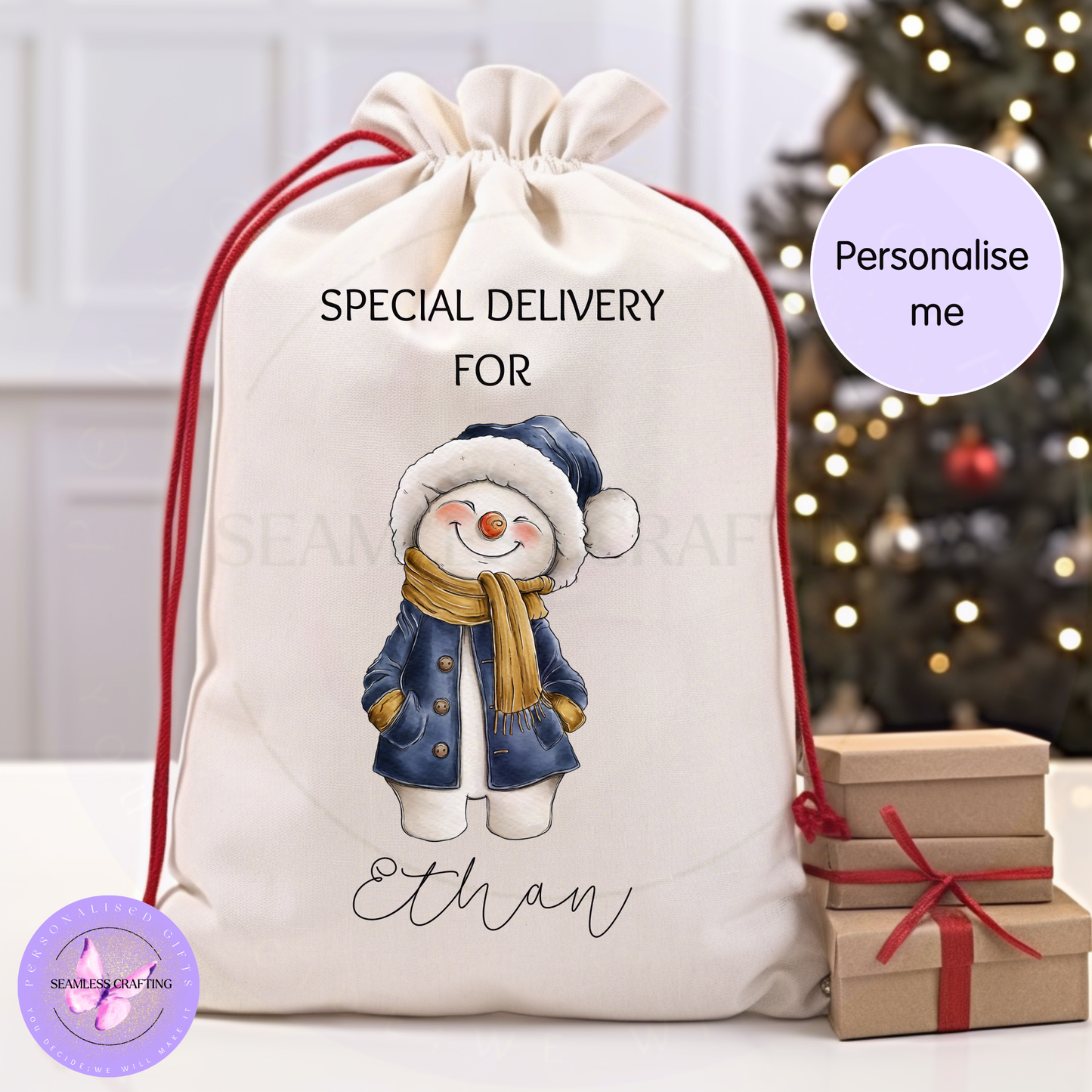 Personalised navy snowman Christmas gift sack with the name Ethan