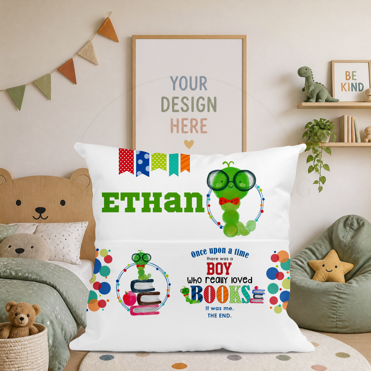 Personalised kids book cushion with custom name, bookworm character and reading pocket
