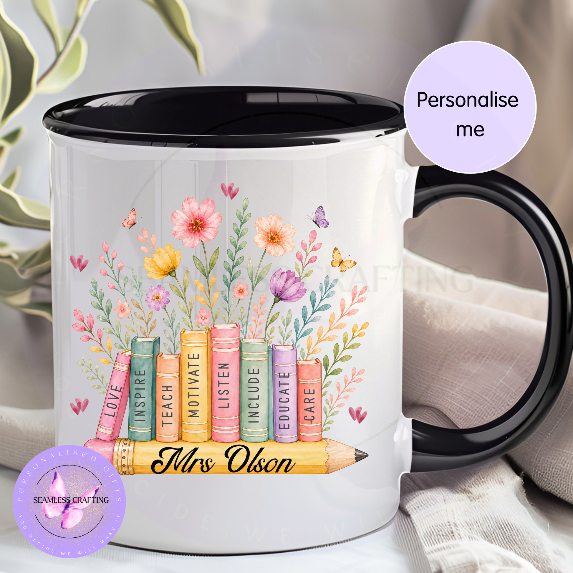Floral teacher mug gift with stacked books, butterflies and pencil artwork, personalised classroom gift