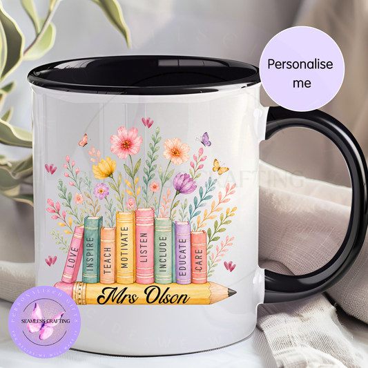 Floral teacher mug gift with stacked books, butterflies and pencil artwork, personalised classroom gift