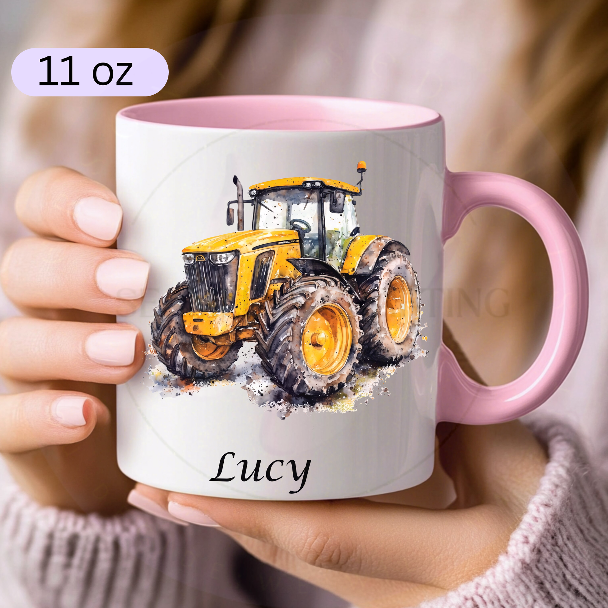 Personalised pink handle ceramic mug with yellow tractor design and custom name Lucy