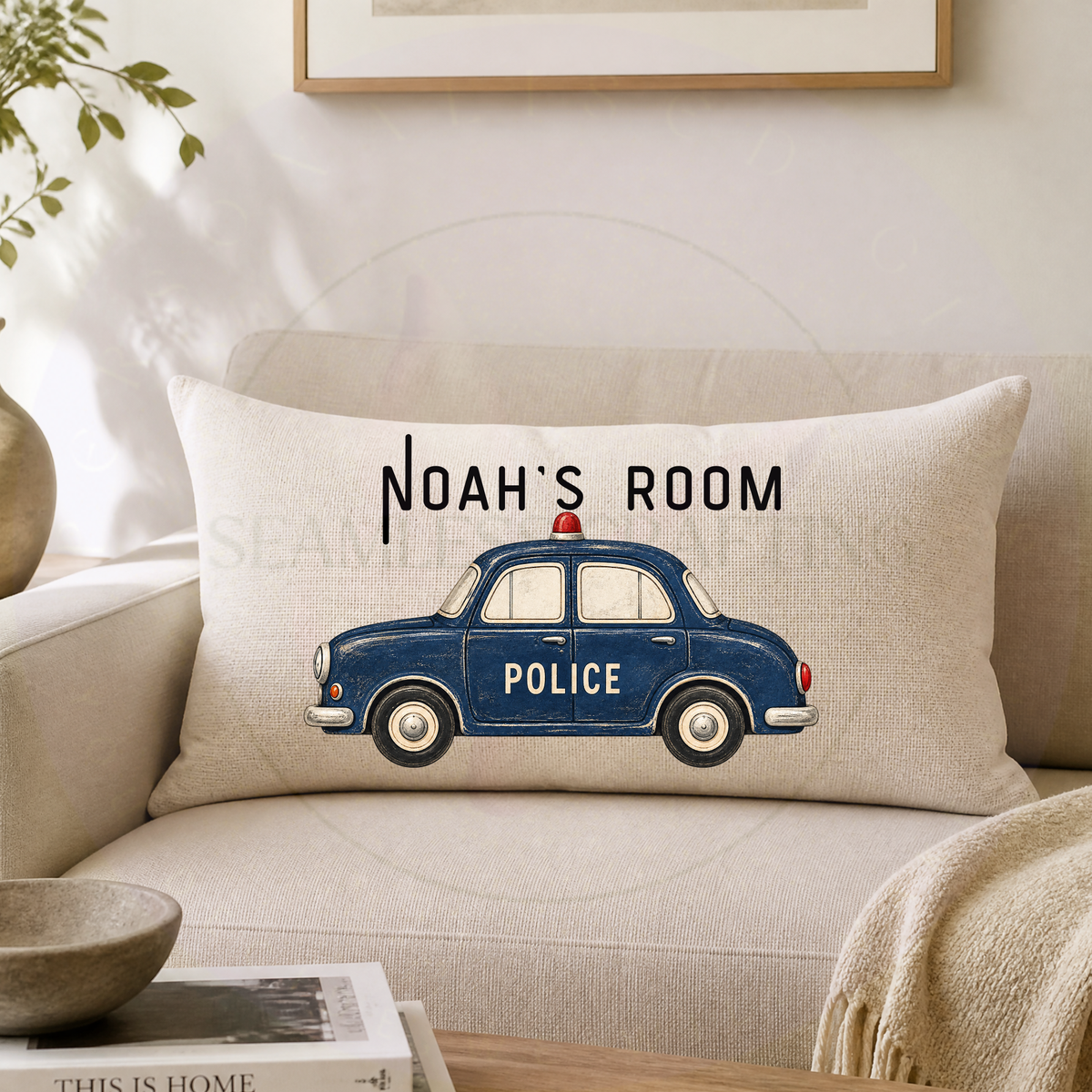 50x30cm personalised linen police car cushion displayed on neutral sofa