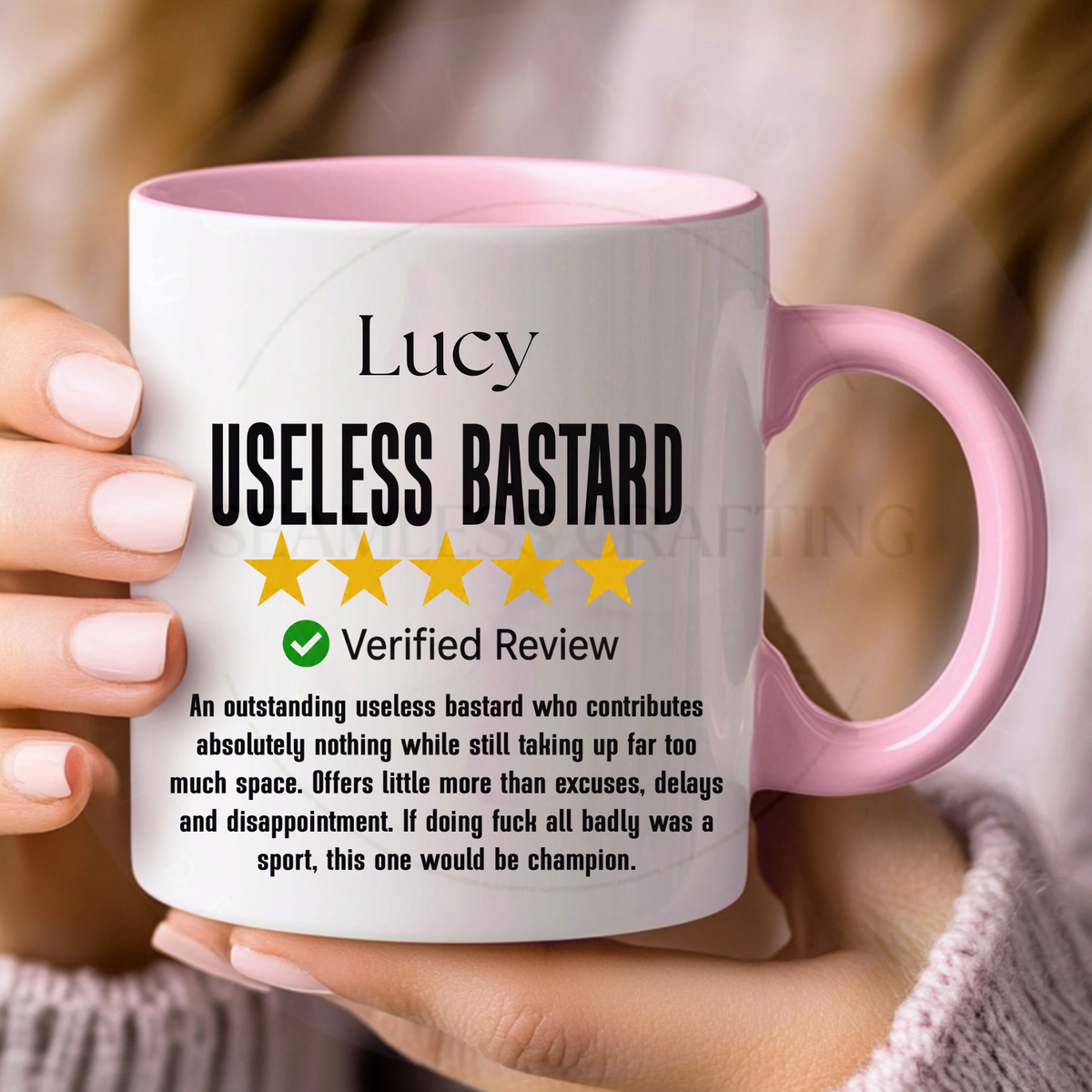 Personalised rude Useless Bastard mug with pink handle and custom name