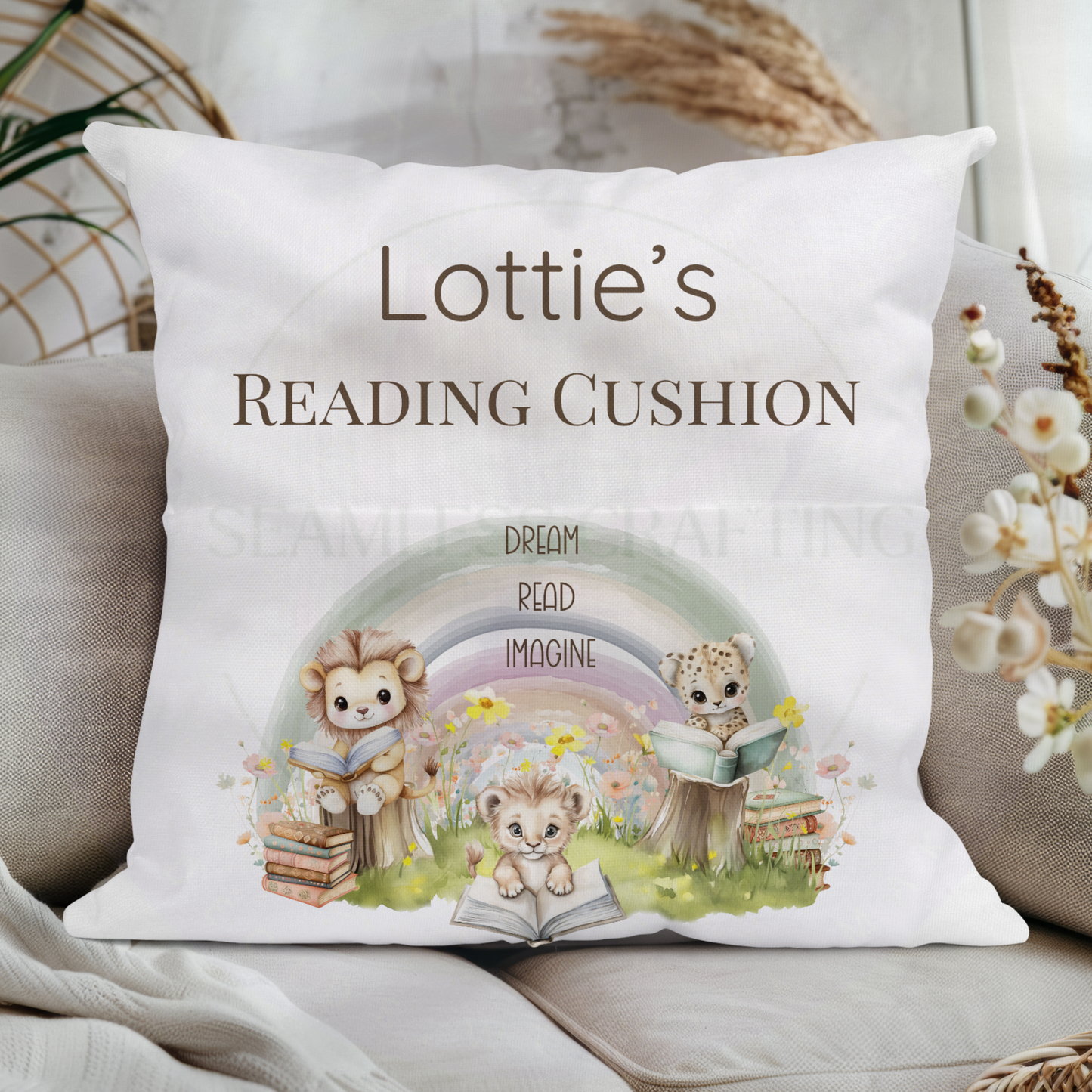 Personalised Kids Reading Cushion with Pocket | Custom Name Storytime Pillow | Lion & Animal Design Book Cushion Gift