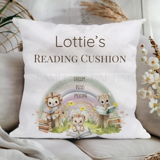 Personalised Kids Reading Cushion with Pocket | Custom Name Storytime Pillow | Lion & Animal Design Book Cushion Gift