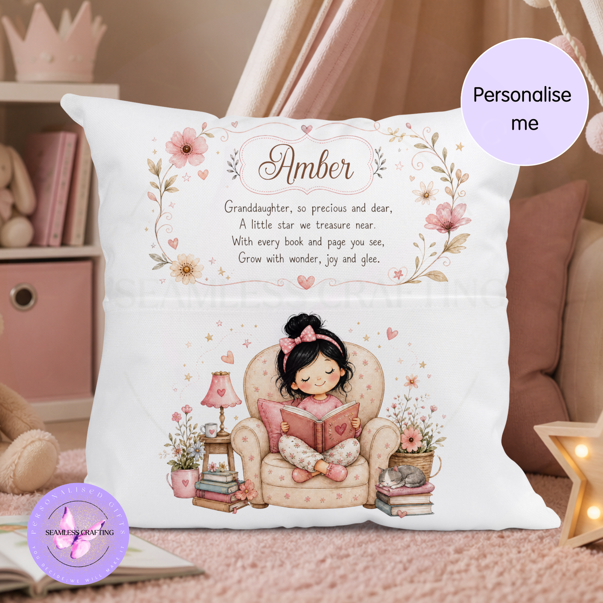 Personalised granddaughter book cushion with brown hair reading girl and floral design