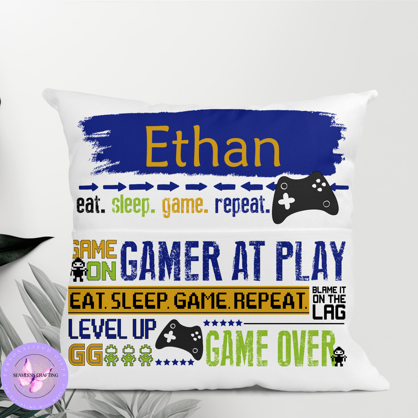 Personalised Gamer Reading Cushion – Custom Name Gaming Pillow with Book Pocket | Boys Gaming Room Gift (40cm)