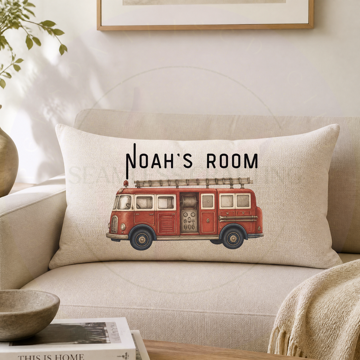 Vintage red fire engine personalised 50 x 30cm linen cushion