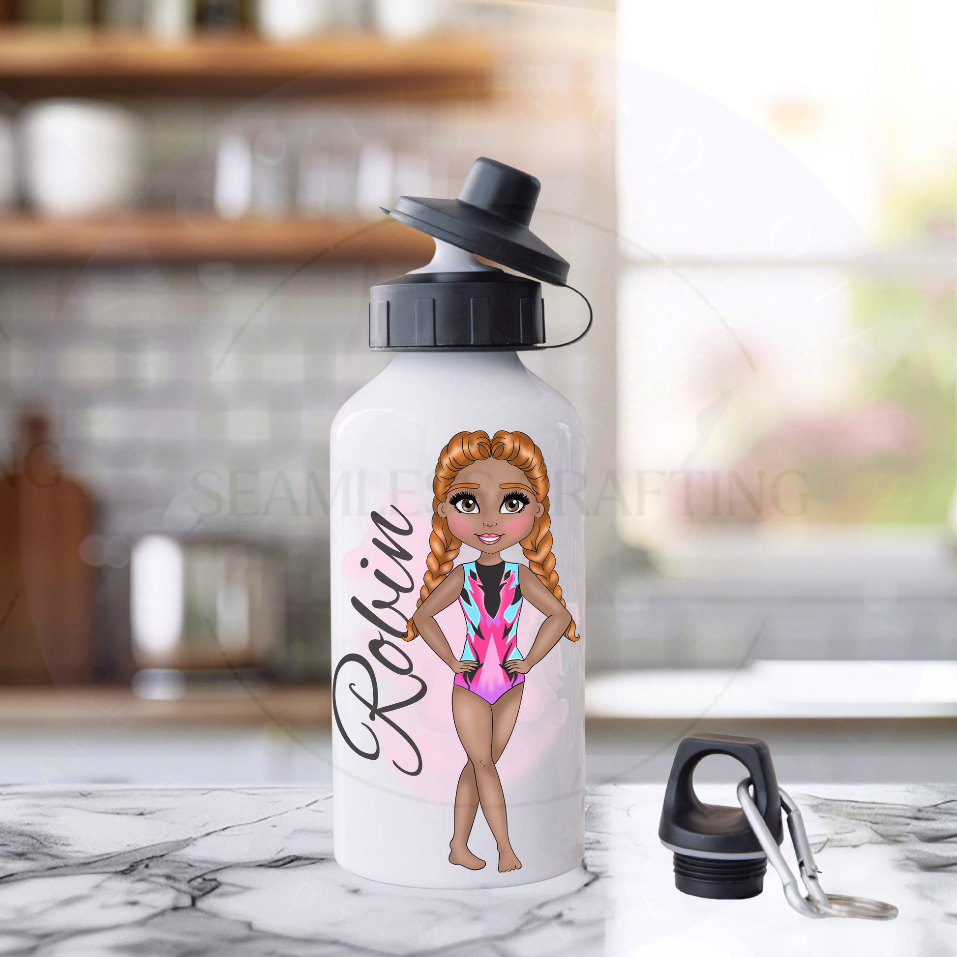 Personalised aluminium gymnastics bottle with Robin, orange braids and a colourful competition leotard