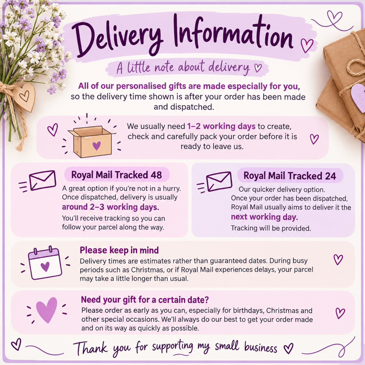 Delivery information for personalised gifts with 1–2 working day processing and Royal Mail Tracked 24 or 48