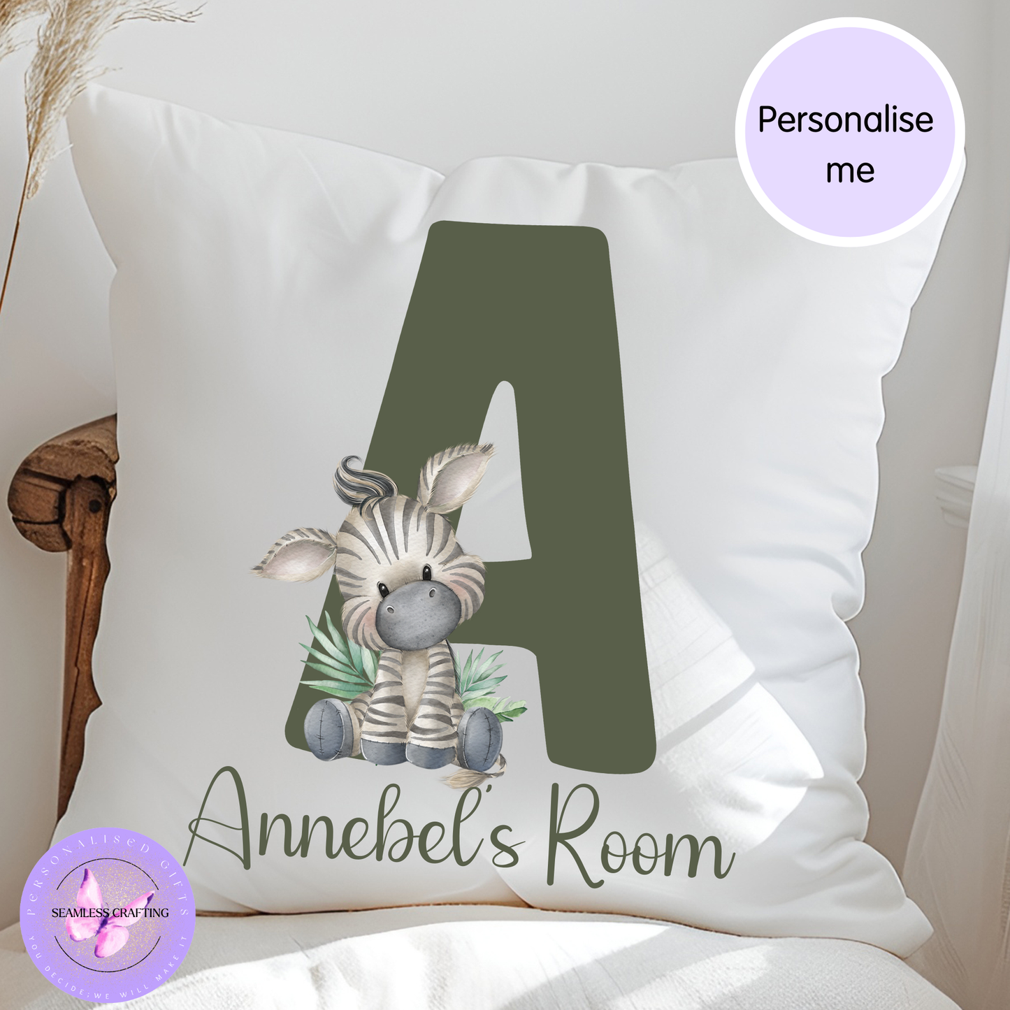 Personalised Alphabet Animal Cushion | Custom Name Initial Cushion | Nursery & Kids Bedroom Decor | 40x40cm Soft Velvet Cushion