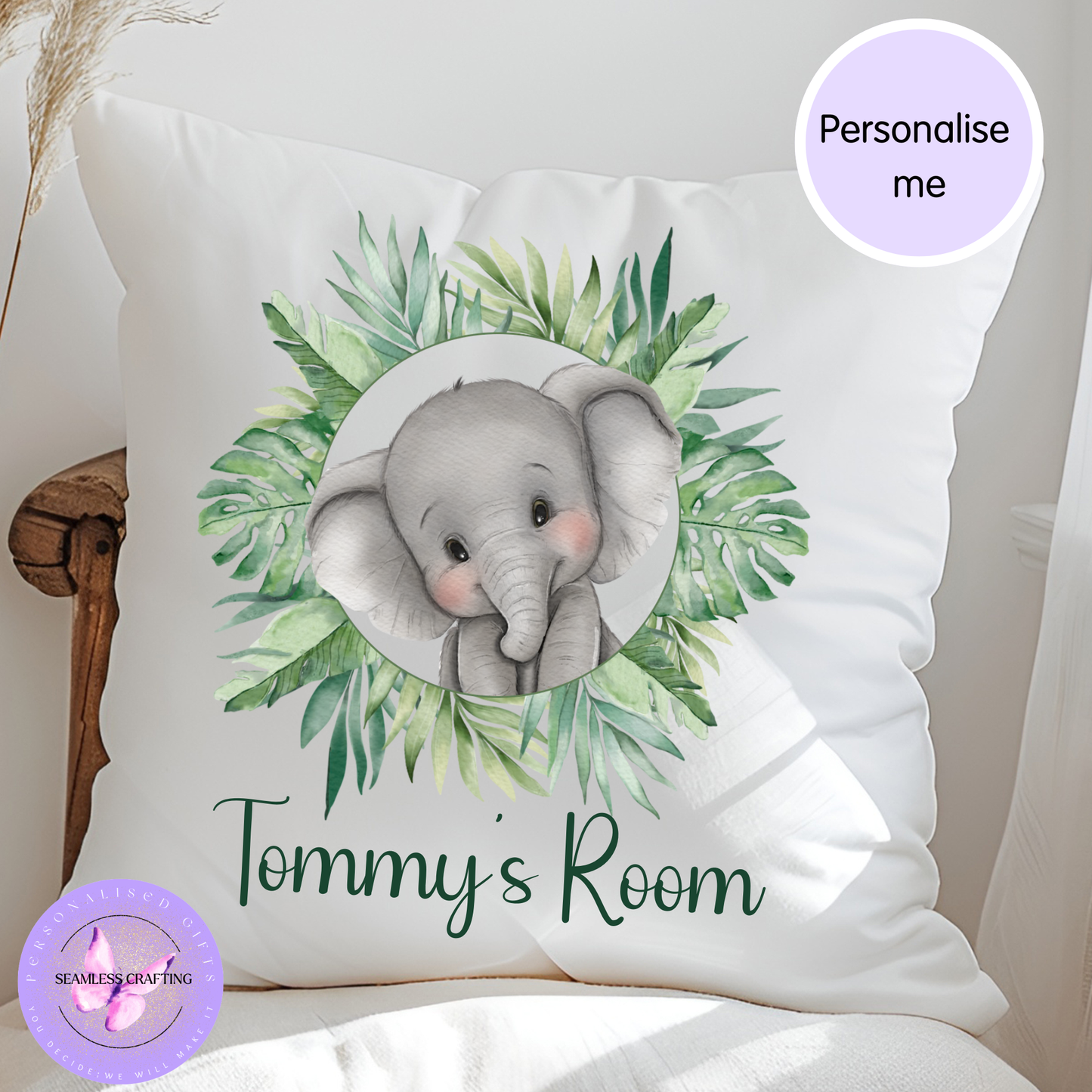 Personalised Jungle Animal Cushion – Custom Name Nursery Pillow – Elephant, Lion, Monkey – Kids Bedroom Decor 40×40cm