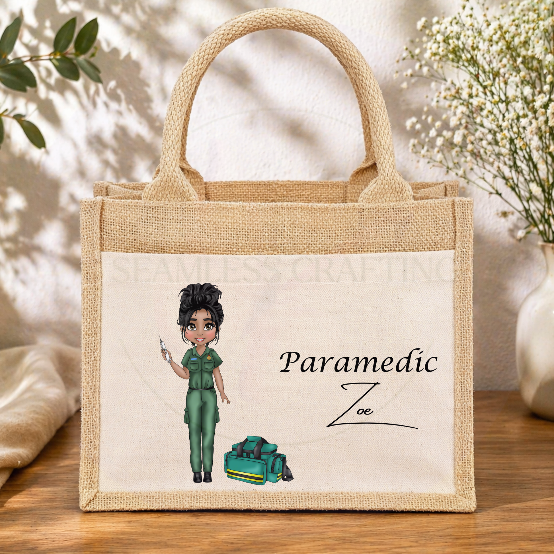 personalised paramedic jute bag with medical kit illustration custom name gift for ambulance staff healthcare worker