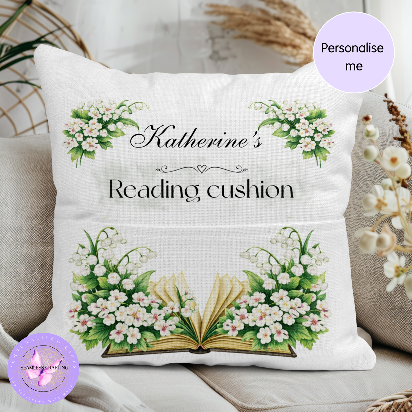 may birth flower reading cushion personalised lily of the valley cushion with pocket custom name linen book pillow