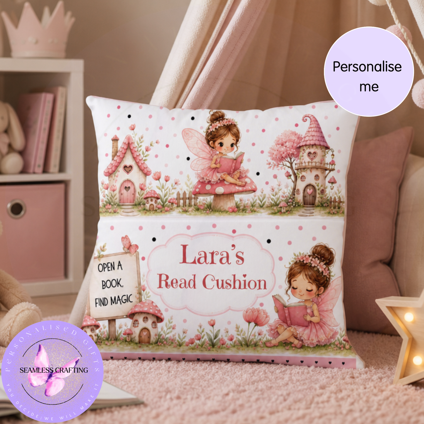 Personalised pink fairy reading cushion with book pocket in girls bedroom