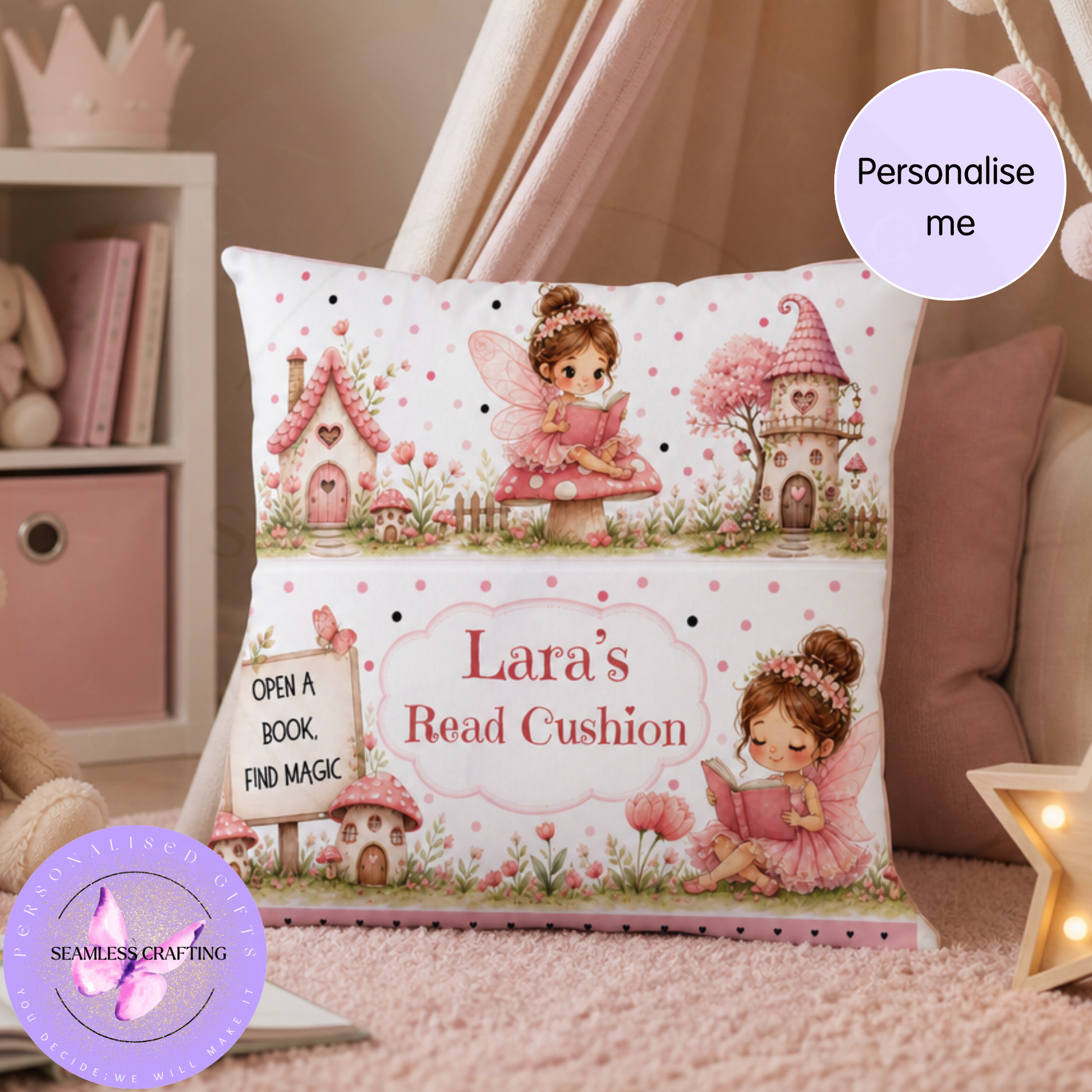 Personalised pink fairy reading cushion with book pocket in girls bedroom
