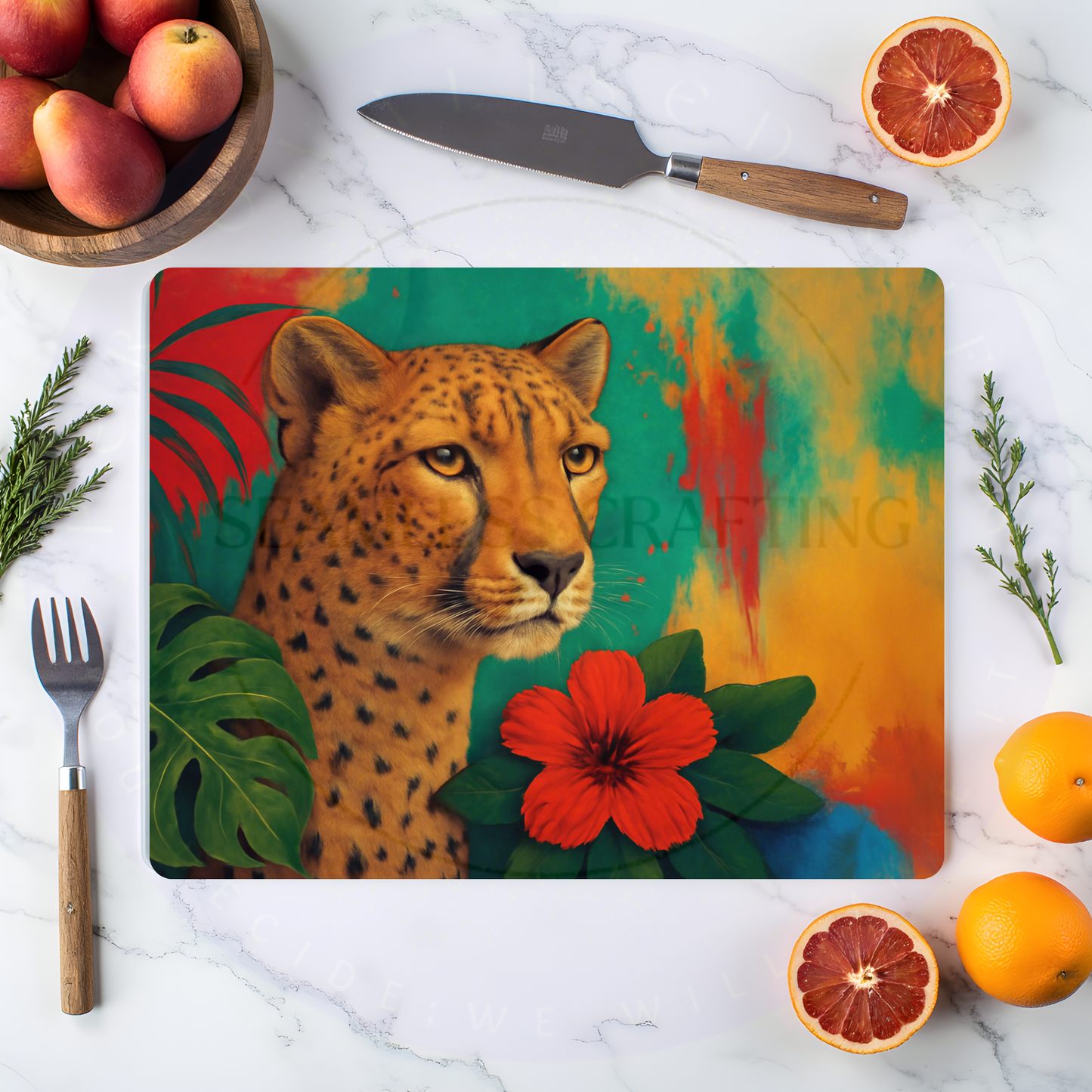 personalised kitchen gift cheetah chopping board worktop saver UK