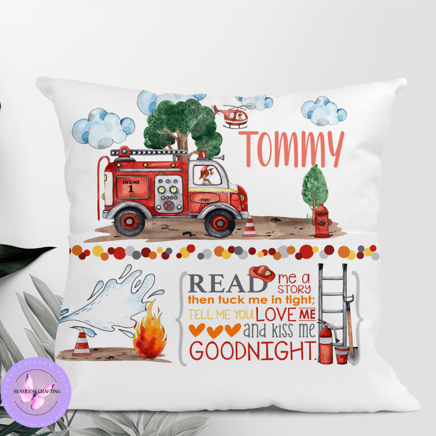 Personalised Fire Engine Reading Cushion – Custom Name Firefighter Book Pillow with Pocket | Boys Fire Truck Bedroom Gift (40cm)