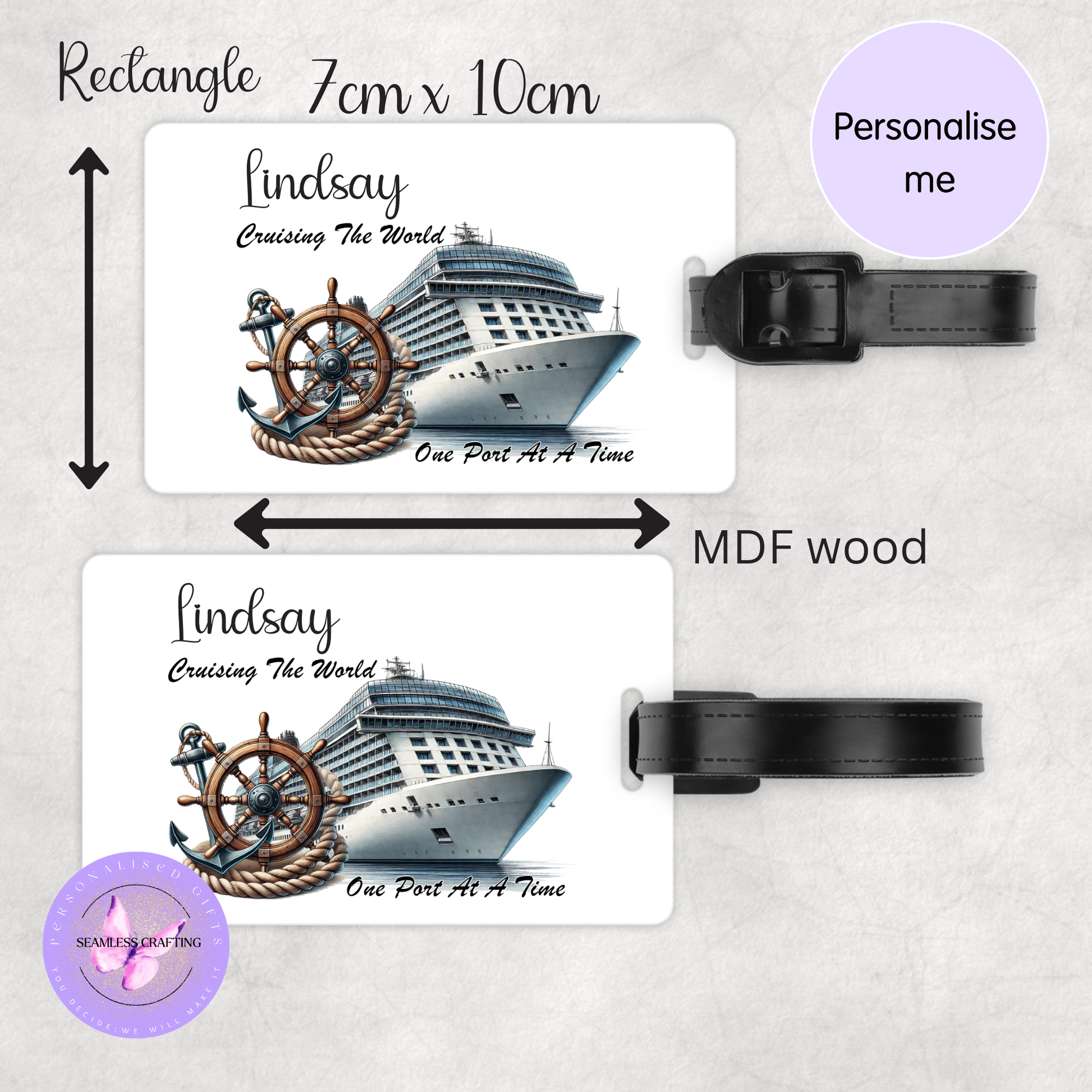 Matching personalised luggage tag made from MDF wood measuring 7cm by 10cm with cruise ship design