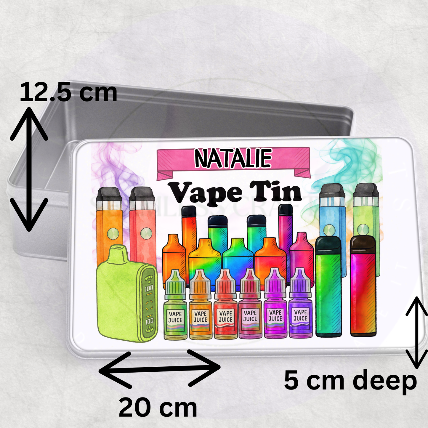 Personalised vape tin size 20cm x 12.5cm x 5cm, metal storage box for vape accessories, e liquid organiser case UK