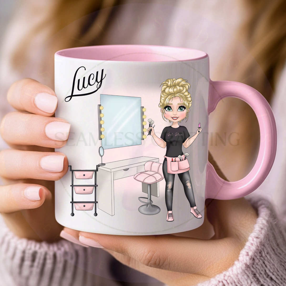 Pink handle mug personalised with name Lucy and blonde make up character