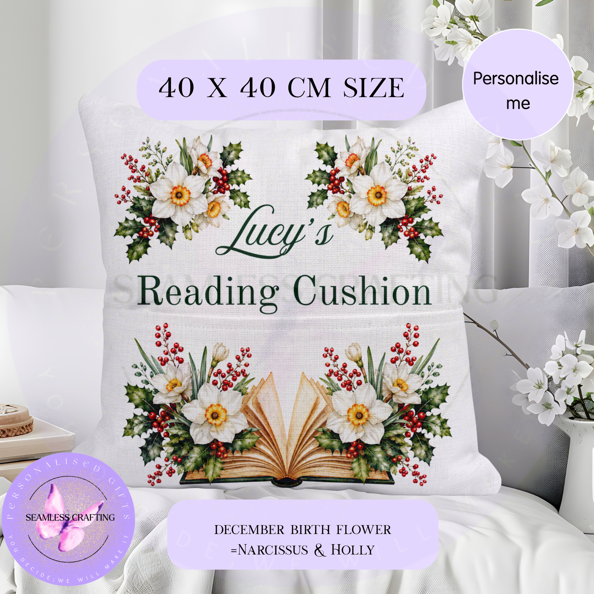 Personalised December birth flower reading cushion, 40 x 40cm, with narcissus and holly book pocket design