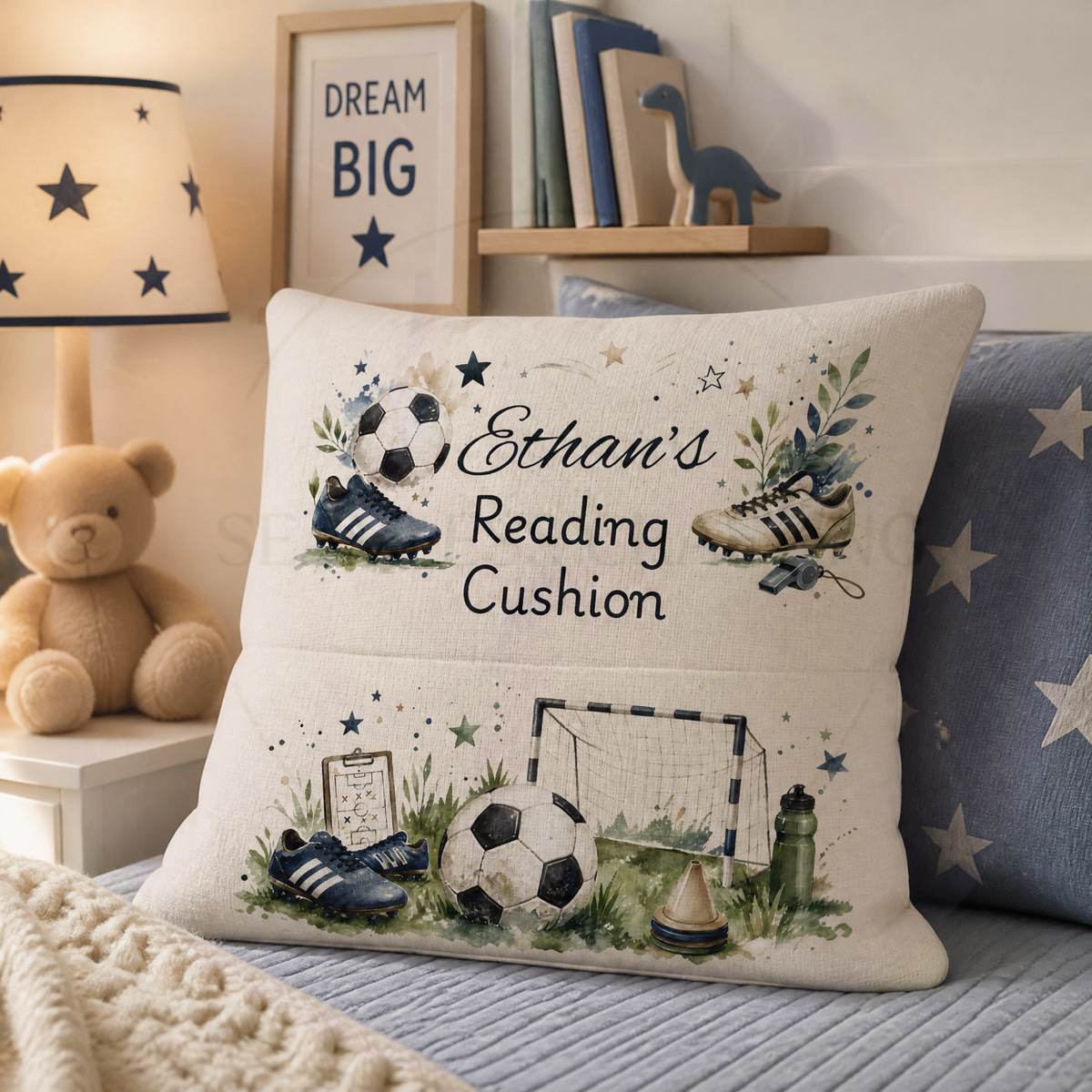 Personalised football reading cushion with book pocket displayed in children's football themed room