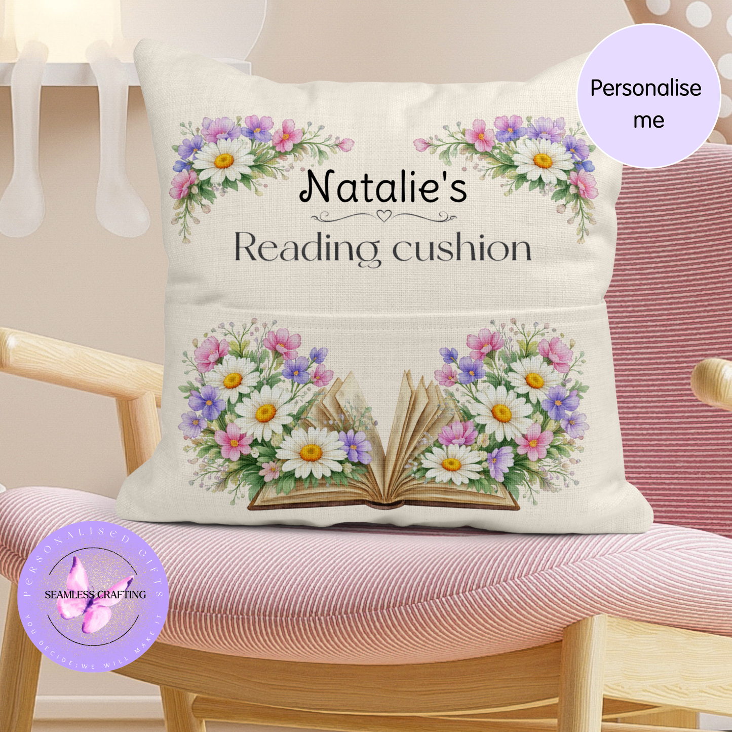 April birth flower daisy reading cushion with pocket, personalised name cushion for cosy reading corner