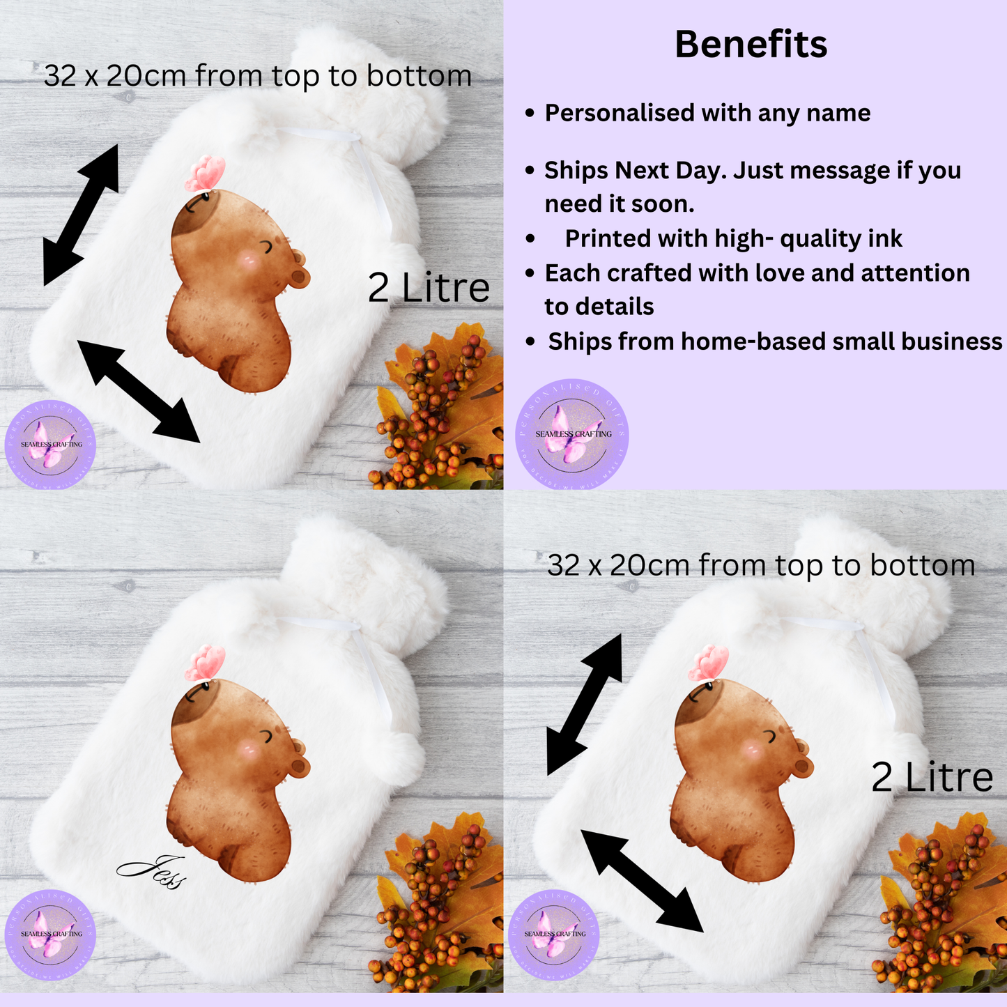 Personalised Capybara Hot Water Bottle – Soft Faux Fur 2L Warmer | Cute Animal Gift | Custom Name Comfort Bottle