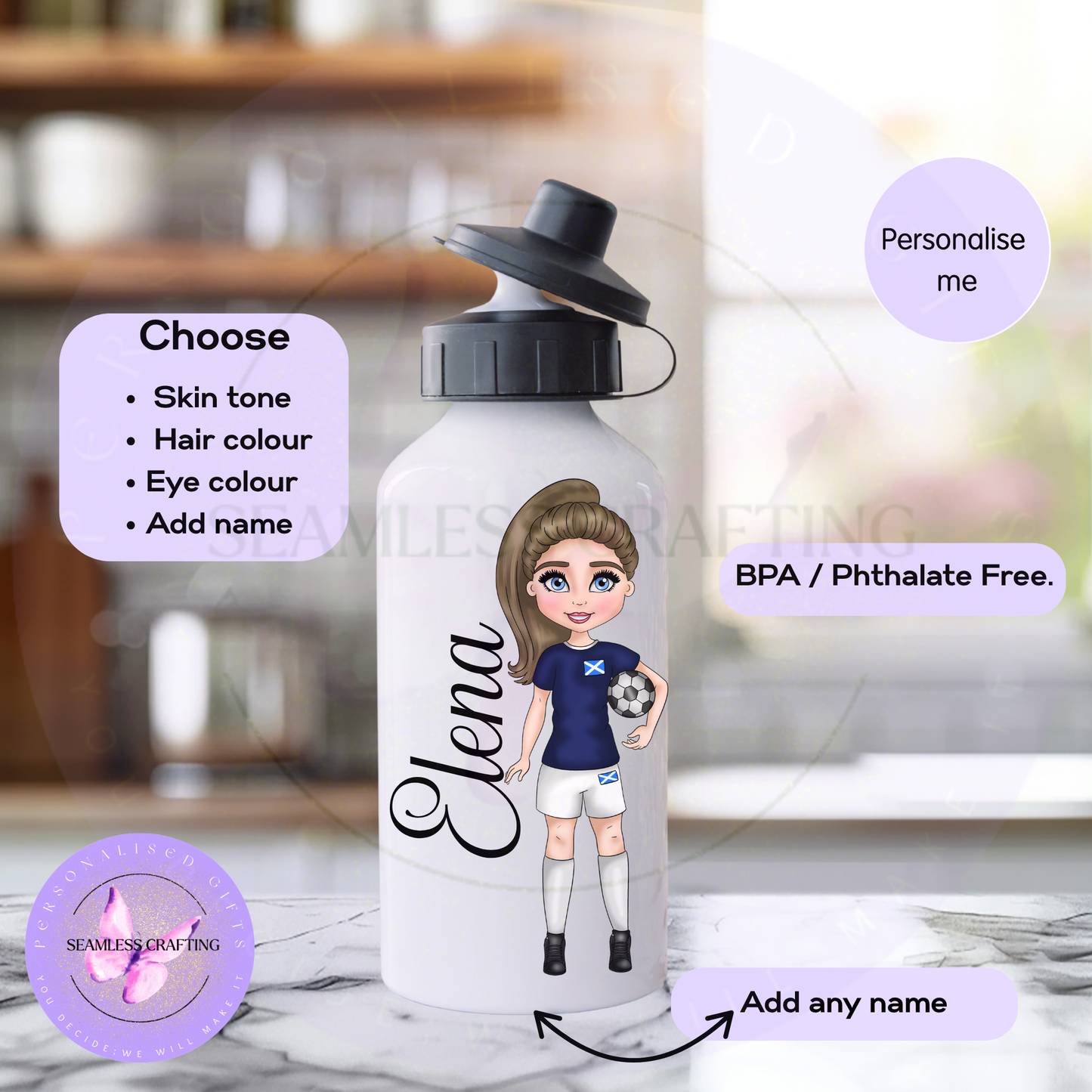 Personalised Scotland girls football water bottle with custom name Lizzie shown in front and back view