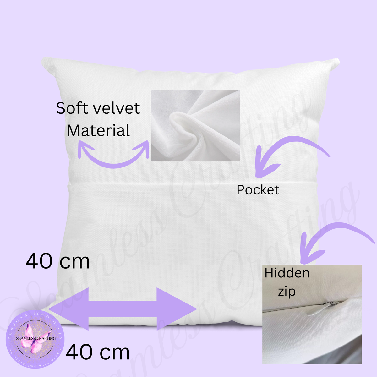 40cm soft velvet personalised reading cushion with book pocket and hidden zip