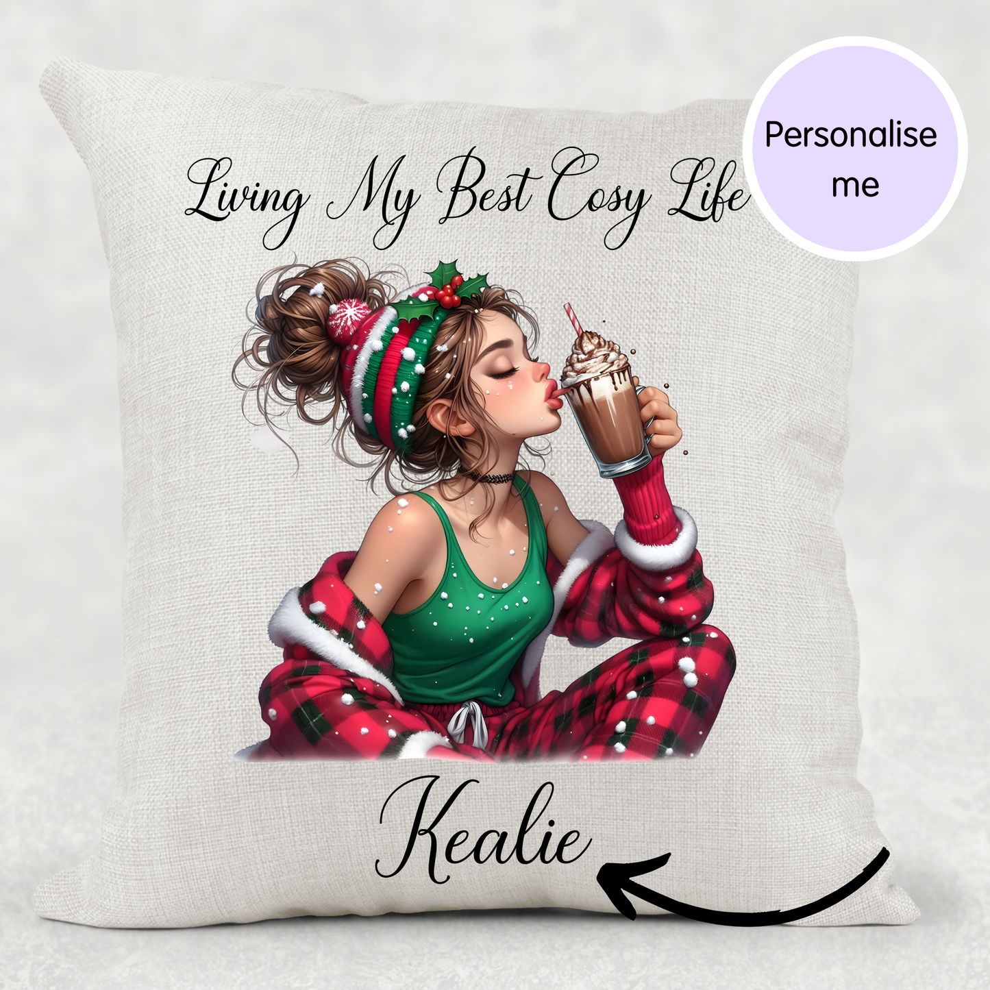 Personalised Christmas Cushion – Cosy Girl Hot Chocolate – Teen Christmas Gift – Custom Name Pillow – 40cm Linen Canvas Cushion