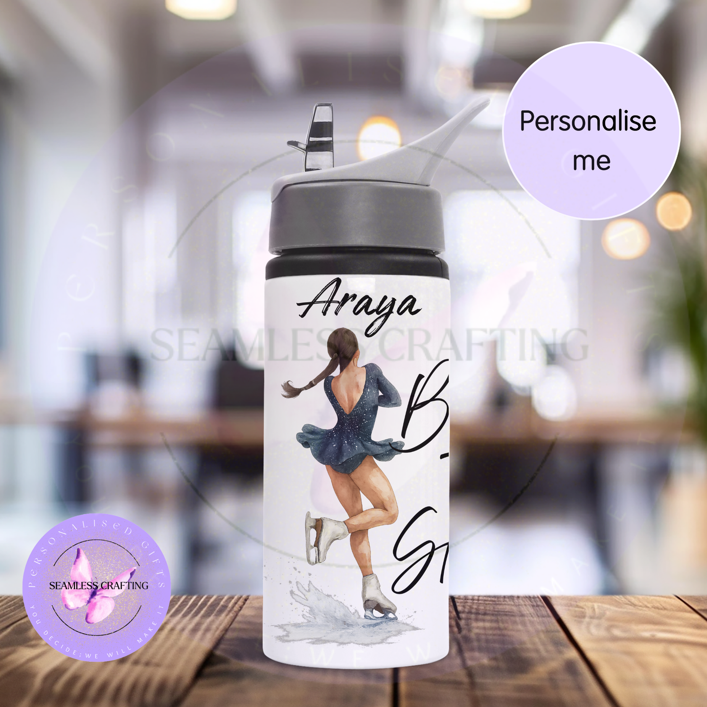 Personalised Ice Skater Water Bottle with Name – Custom Girls Sports Bottle, Figure Skating Gift, Kids School Drink Bottle