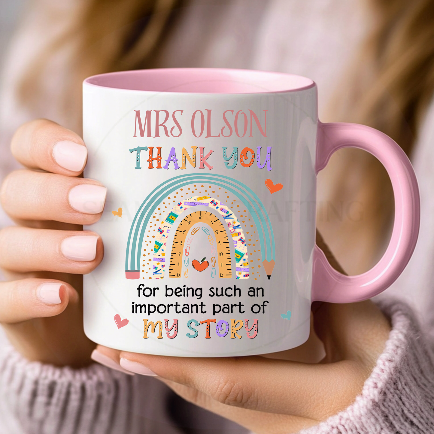 Personalised rainbow teacher mug gift with custom name on pink handle ceramic mug