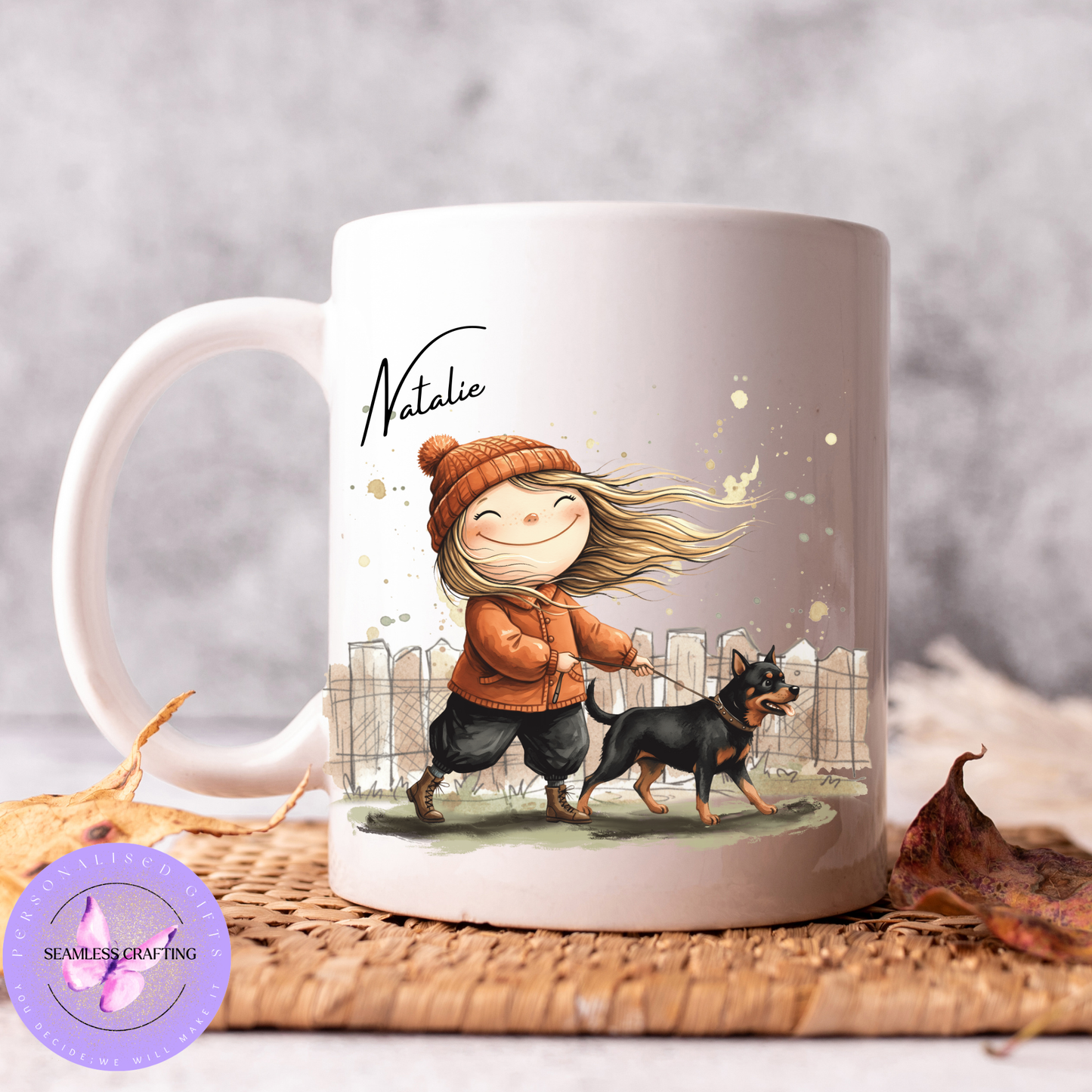 Personalised Whimsical Dog Walker Mug or Tumbler – Custom Name | Dog Lover Gift | Dog Walking Present | Pet Owner Gift