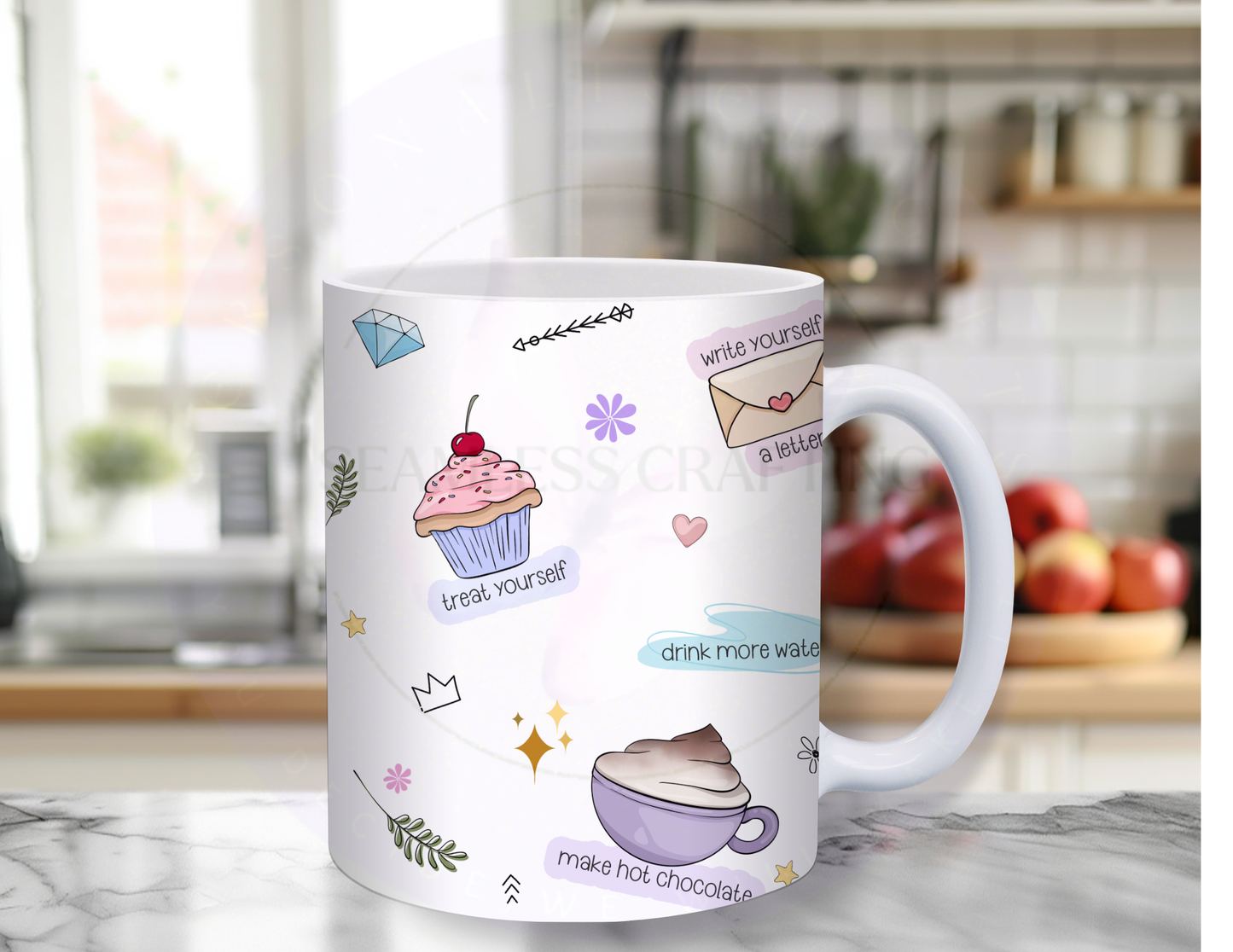 Side view of personalised ceramic mug with cupcake, hot chocolate and self care themed illustrations