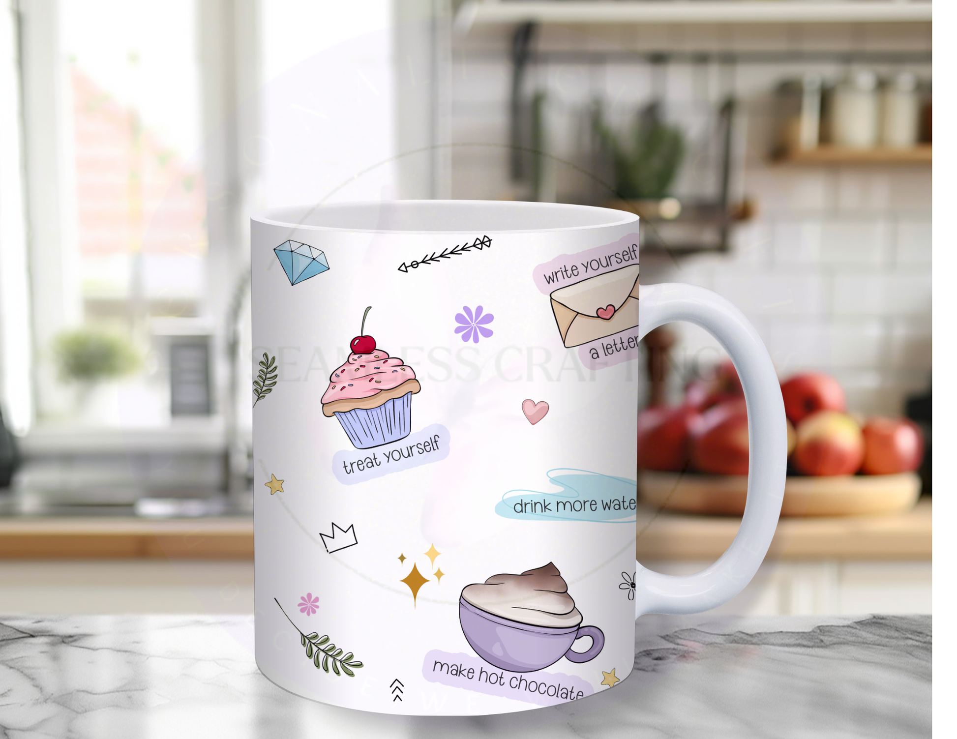 Side view of personalised ceramic mug with cupcake, hot chocolate and self care themed illustrations