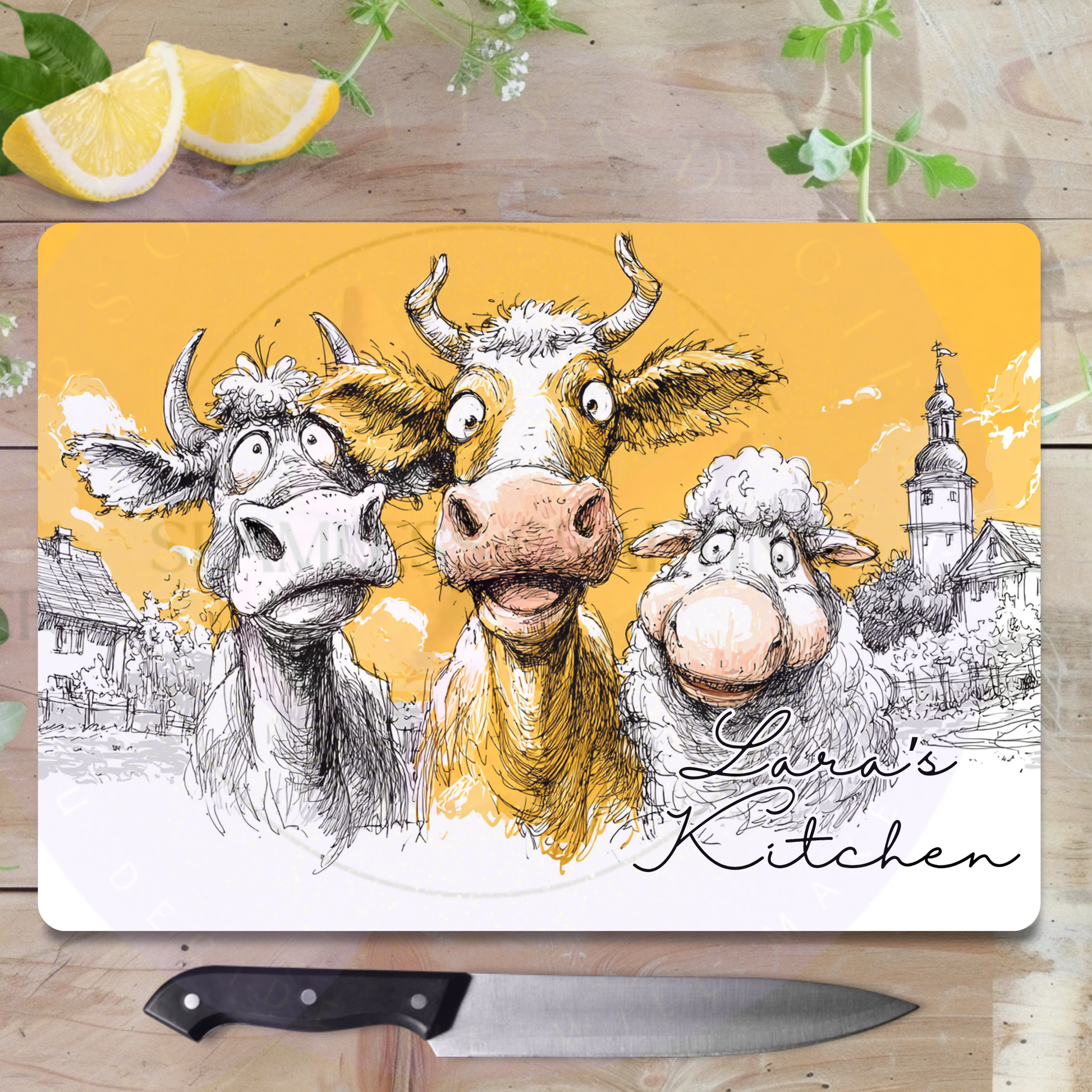 Funny cow and sheep illustration on personalised glass chopping board, rustic farmhouse kitchen gift with custom name
