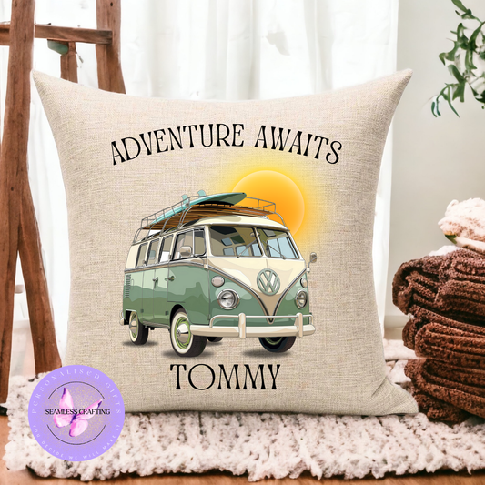 Personalised Camper Van Cushion | Adventure Awaits Linen Pillow | Custom Travel Gift 40x40cm