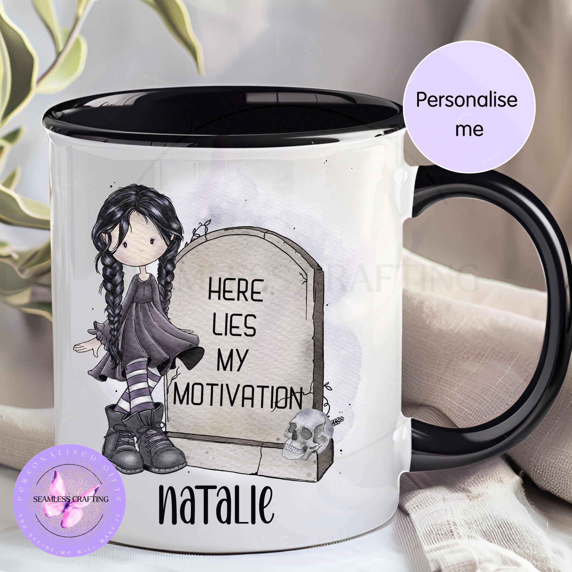 Personalised gothic girl mug with black handle featuring a gravestone design and the quote Here Lies My Motivation with custom name Mairley