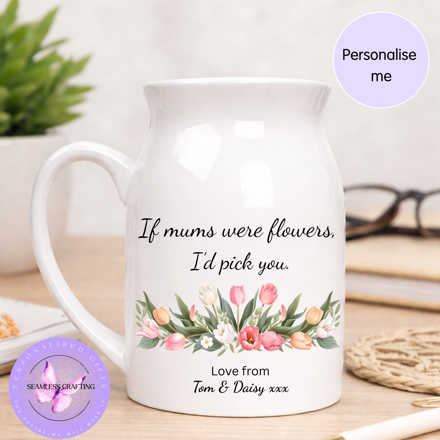 Personalised Flower Jug Gift for Mum | Custom Mother’s Day Jug Vase | “If Mums Were Flowers I’d Pick You” | Personalised Ceramic Jug with Names UK