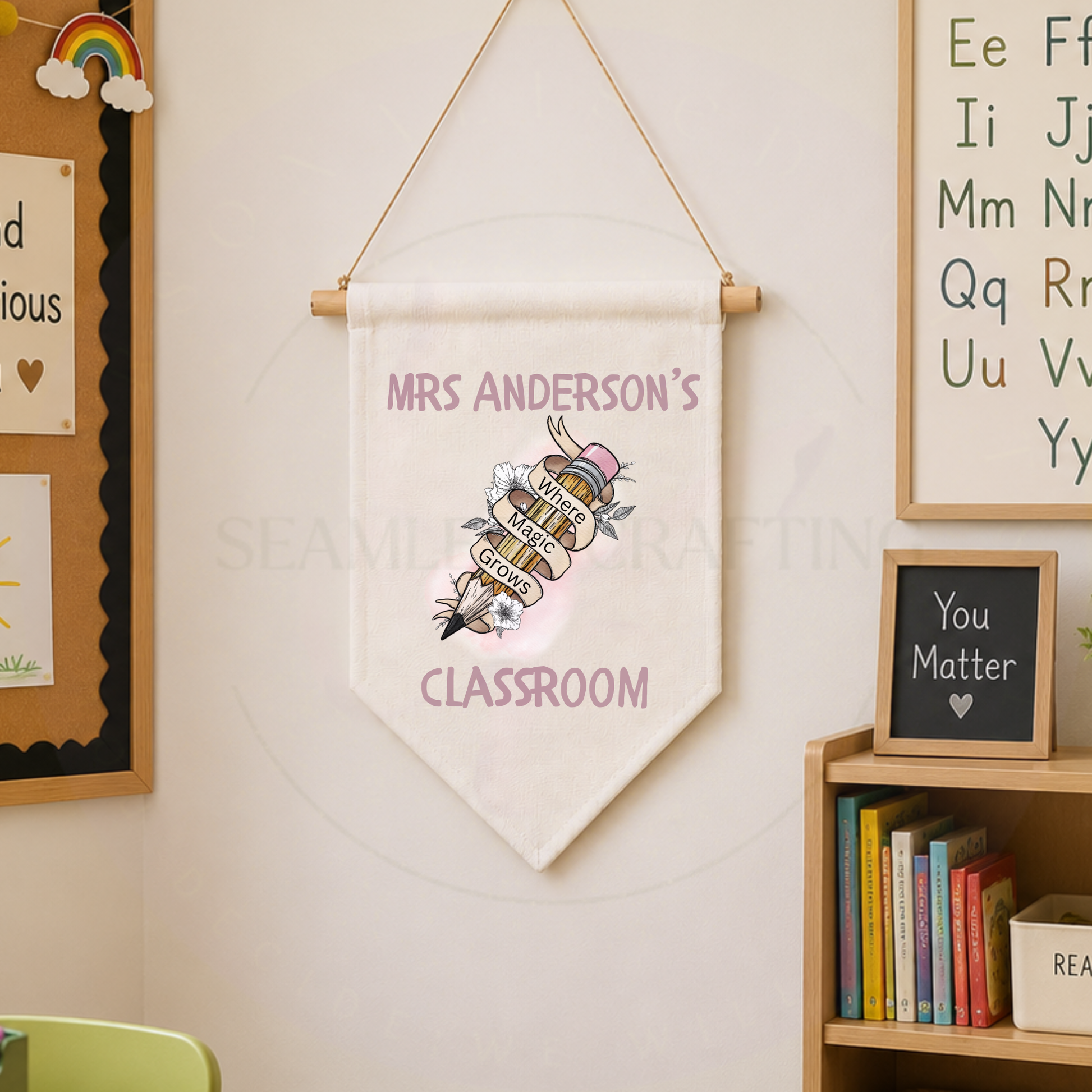 Linen classroom sign gift for teacher with pencil illustration