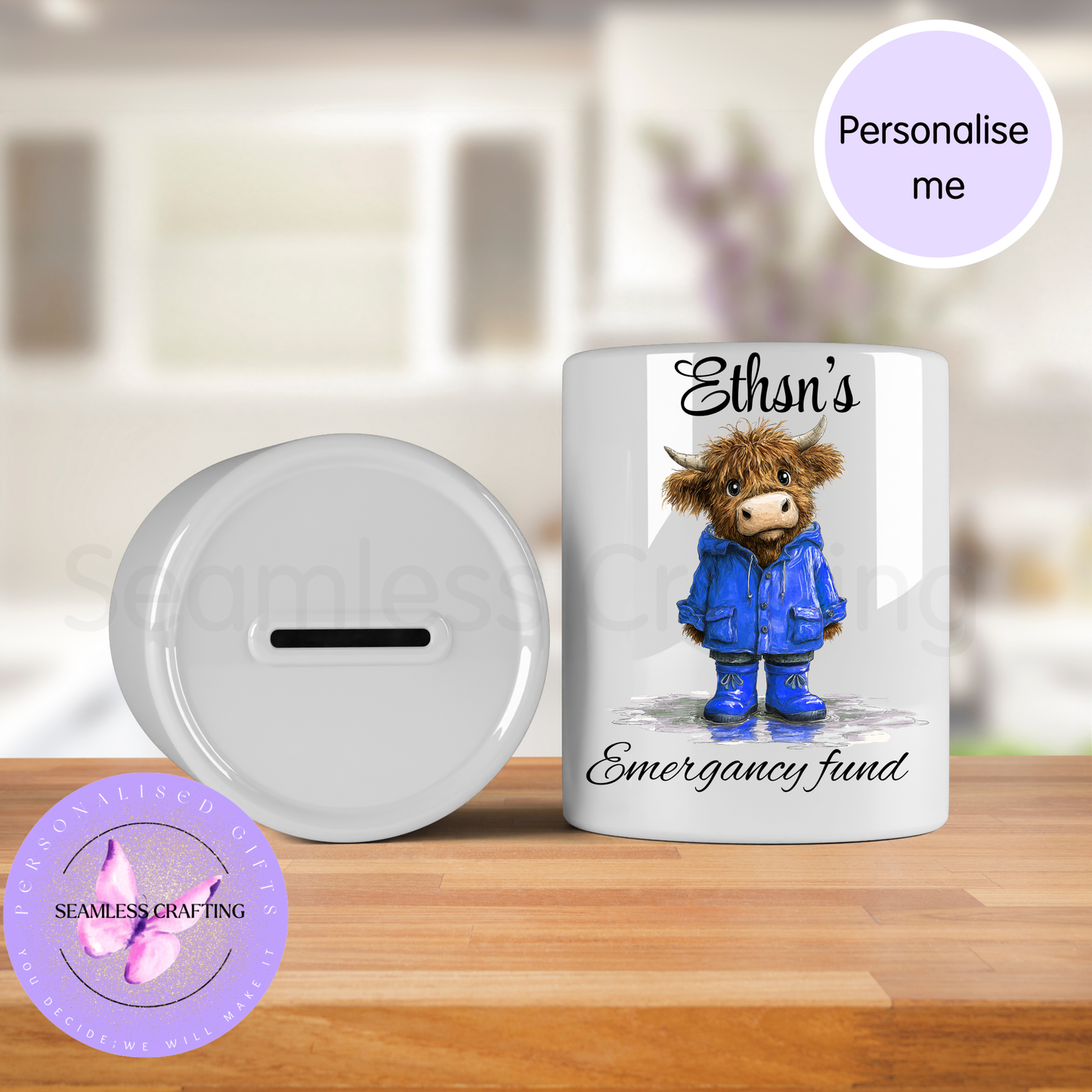 Personalised Highland cow money box with custom name and emergency fund text