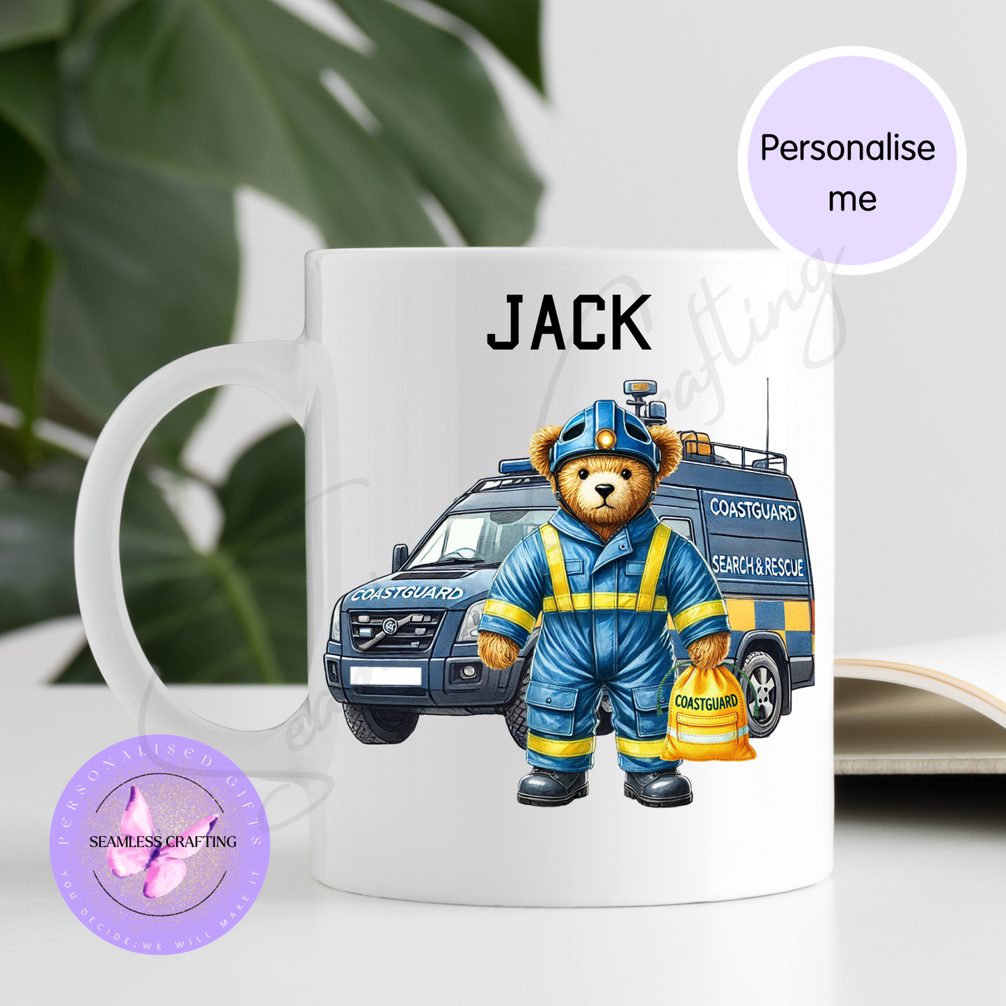 Personalised Coastguard Bear Mug or Travel Mug – Custom Name Search and Rescue Gift