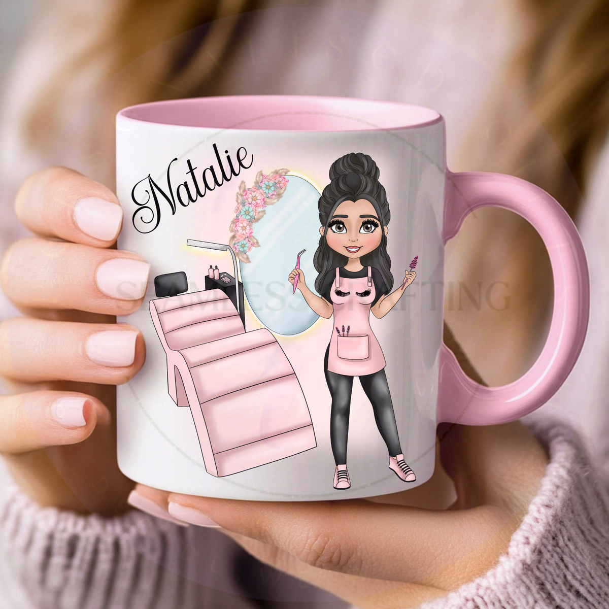 Personalised lash technician mug with black hair character, pink handle and name Natalie