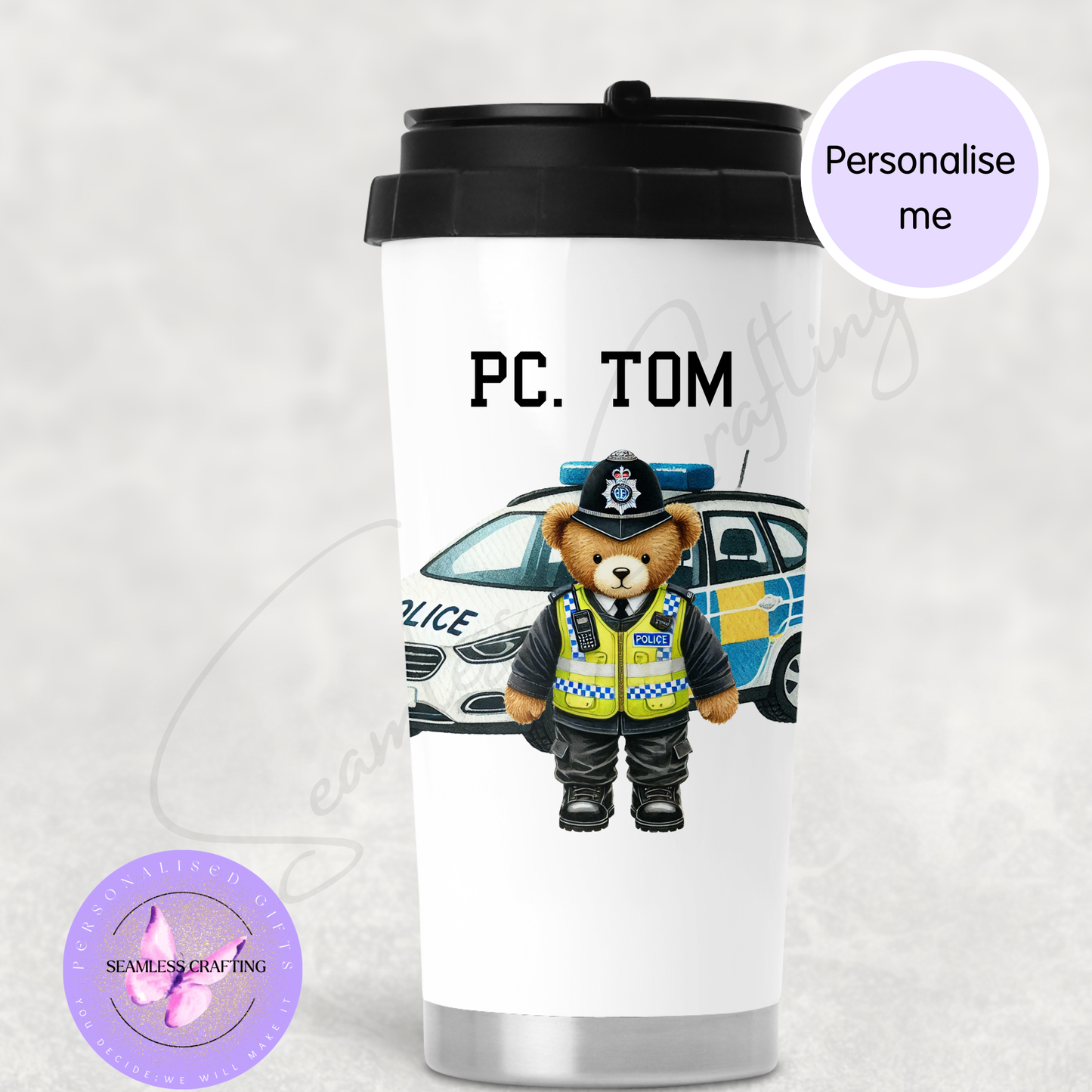 Stainless steel police travel mug with personalised text