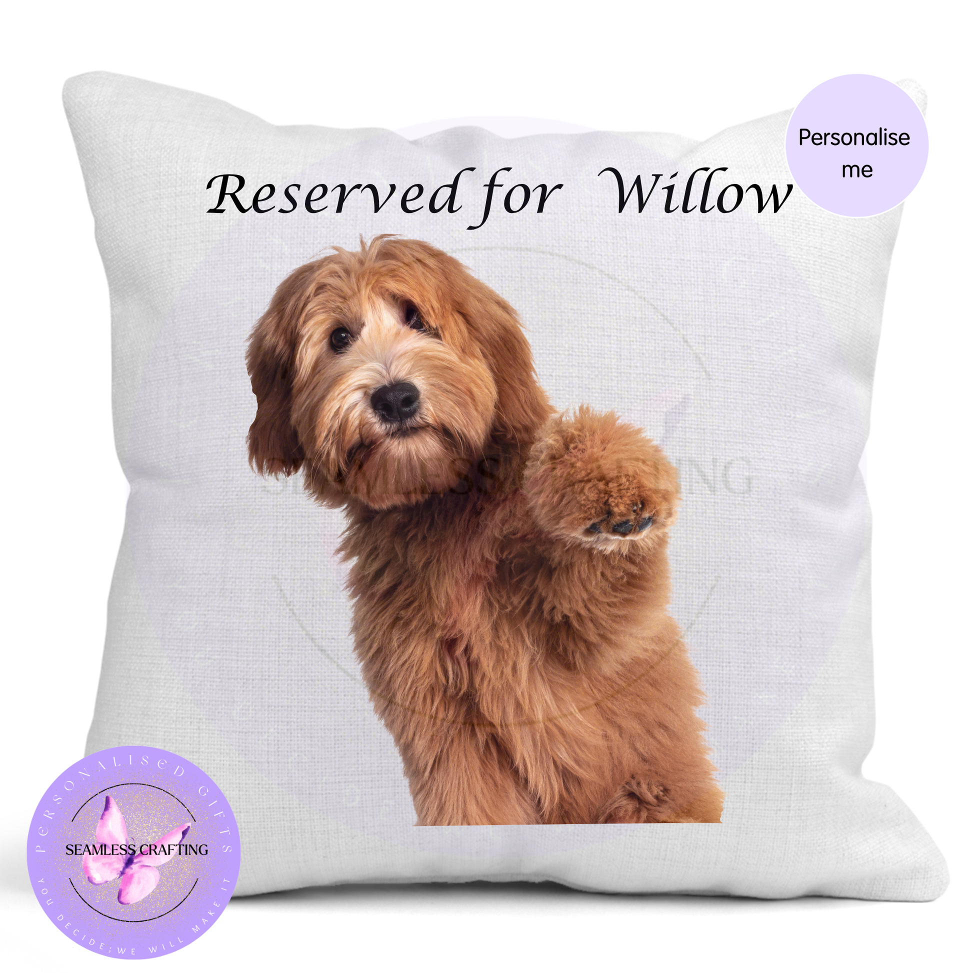 Personalised pet memorial cushion with black dog photo and custom wording on white cushion cover