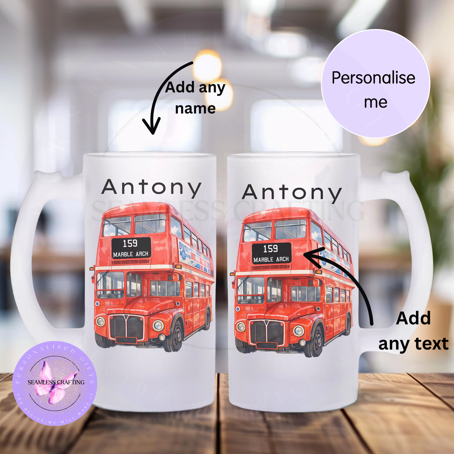 Personalised Red London Bus Mug – Custom Name Gift – Travel Mug, Frosted Glass, Ceramic Cup – Unique Gift for Him, Dad, Driver