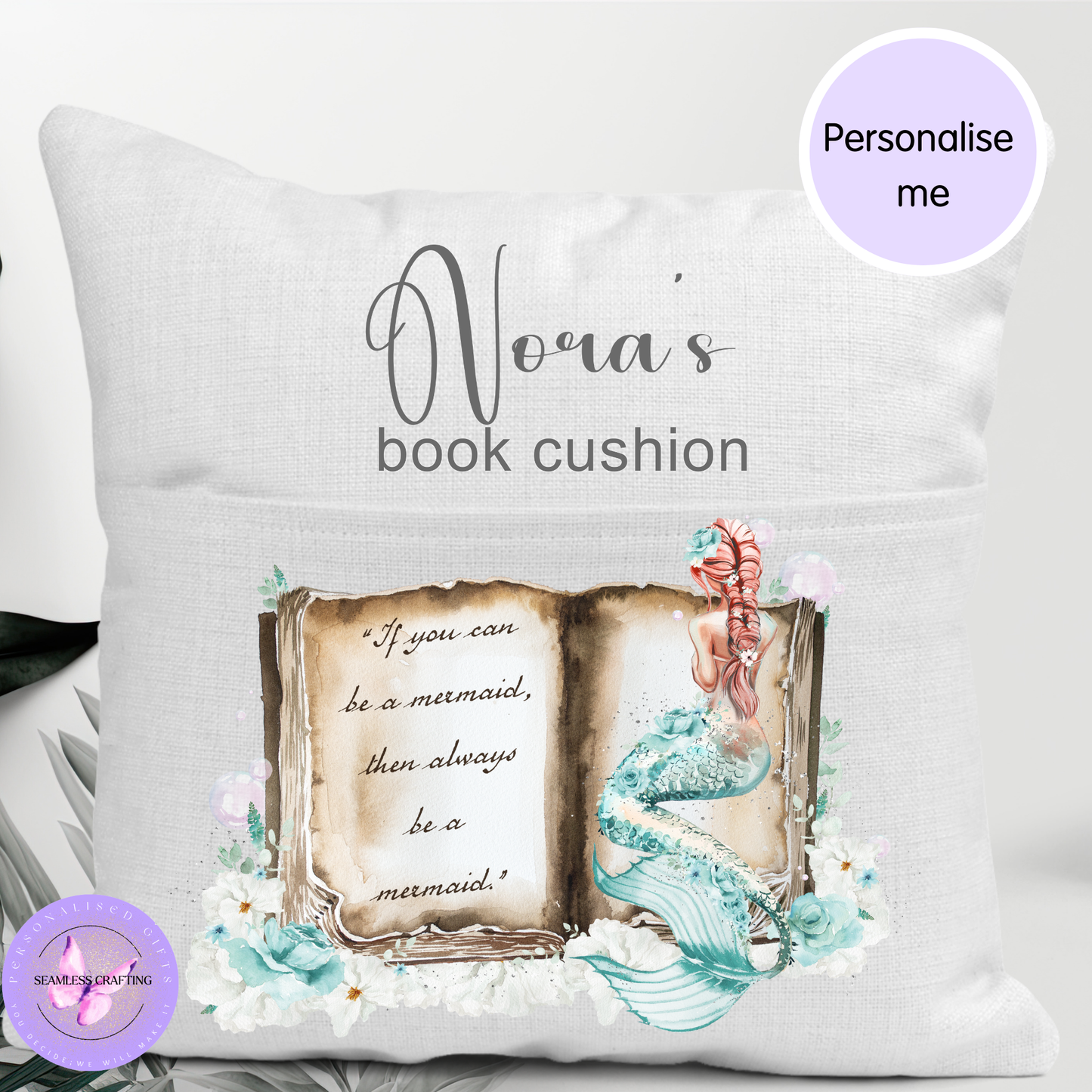 Personalised Mermaid Reading Pocket Cushion | Custom Name Book Cushion | Girls Bedroom Reading Gift | 40x40cm Linen Canvas Cushion